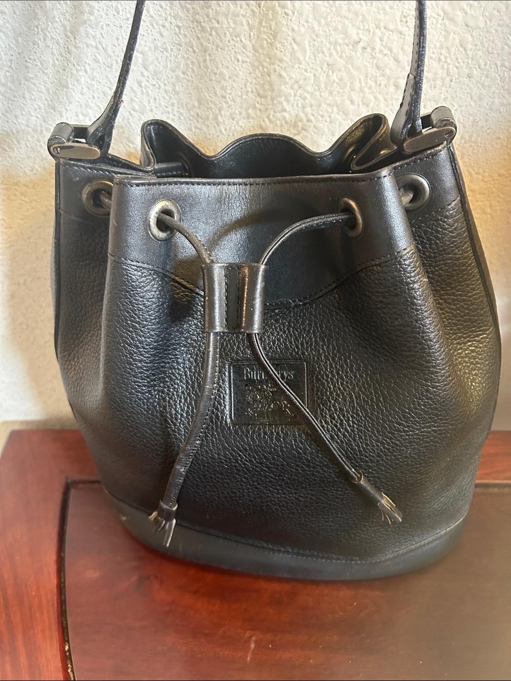Burberrys Black Pebble Leather Drawstring Bucket Bag